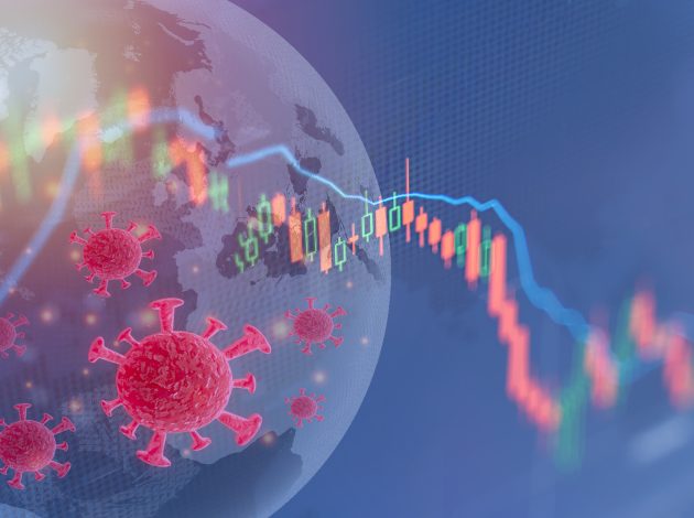 An artists impression of COVID-19 virus and decorative charts